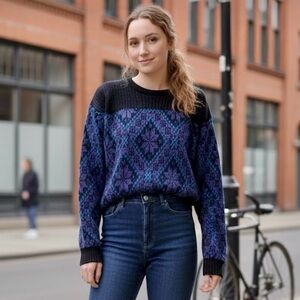 Vintage Black and Blue Sweater with Straight Leg Jeans